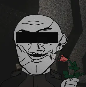 pillars uncolored_skin grey_shirt overall coverall hood heavily_scarred scar mustache butt_chin smirk smile happy neutral eyebrows censored censor_bar bald cool rose flower smelling 10.gif