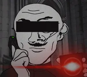 ancient uncolored_skin overall coverall scars mustache apathetic neutral eyebrows censored censor_bar bald phone badge glowing 5.gif