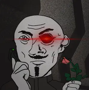 pillars uncolored_skin overall coverall grey_shirt scar eye mustache goatee frowning sad eyebrows neutral red_eyes glowing_eyes bald phone rose flower smelling 3.gif