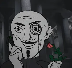 cave uncolored_skin overall coverall grey_shirt epic mustache goatee smirk smile happy neutral eyebrows monocle bald phone rose flower smelling 0.gif