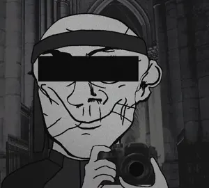 ancient uncolored_skin overall coverall grey_shirt heavily_scarred scar shaved smirk smile happy neutral eyebrows censored censor_bar bandana headband cool camera 44.gif