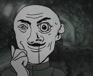 mine uncolored_skin overall coverall buttons chin_scar scar mustache smiling happy eyebrows neutral black_eyes bald phone holding_nothing 39.gif