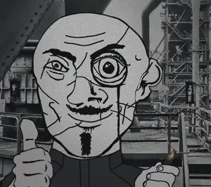 industrial uncolored_skin overall coverall grey_shirt heavily_scarred scar mustache goatee smiling happy eyebrows neutral monocle bald thumbs_up magnifying_glass 38.gif