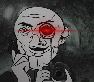 mine uncolored_skin overall coverall grey_shirt officer body_armor heavily_scarred scar no_beard mustache smiling happy neutral eyebrows red_eyes glowing_eyes monocle bald phone camera 35.gif