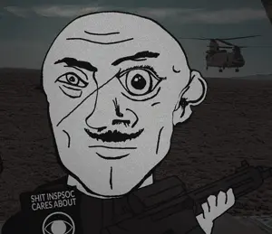 helicopter uncolored_skin black_shirt overall coverall scar_over_eye scar mustache butt_chin apathetic neutral eyebrows black_eyes bald shit_inspsoc_cares_about book rifle holding_gun gun 34.gif