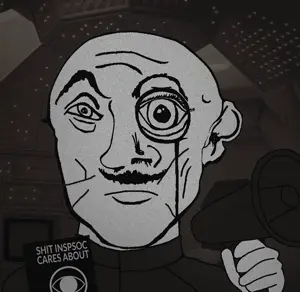 computer uncolored_skin overall coverall dueling_scars fencing_scars scar mustache frowning sad eyebrows monocle bald shit_inspsoc_cares_about book megaphone 28.gif