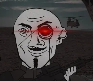 helicopter uncolored_skin overall coverall grey_shirt officer body_armor scar_over_eye scar mustache goatee smiling happy eyebrows neutral red_eyes glowing_eyes monocle bald cool rifle holding_gun gun 27.gif