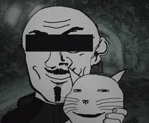 mine uncolored_skin black_shirt overall coverall epic mustache goatee smiling happy eyebrows neutral censored censor_bar bald cool cat subvariant:massmeowjak 17.gif