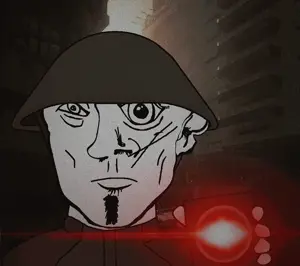brutalism uncolored_skin overall coverall grey_shirt scars goatee frowning sad eyebrows neutral black_eyes helmet soldier cool badge glowing 7.gif