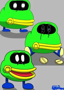 coin coffer, pepe, amphibian, animal, bald, black eyes, closed eyes, closed mouth, coin, coin (mario)