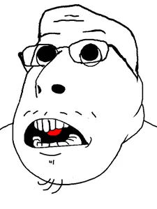 stupidnigga12, 1soyjak, bald, fat, half body, open eyes, open mouth, side view, smile, three-quarter view