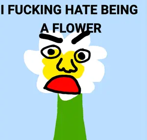 angry, black text, blue background, eyebrows, face, flower, nose, open mouth, plant, stem