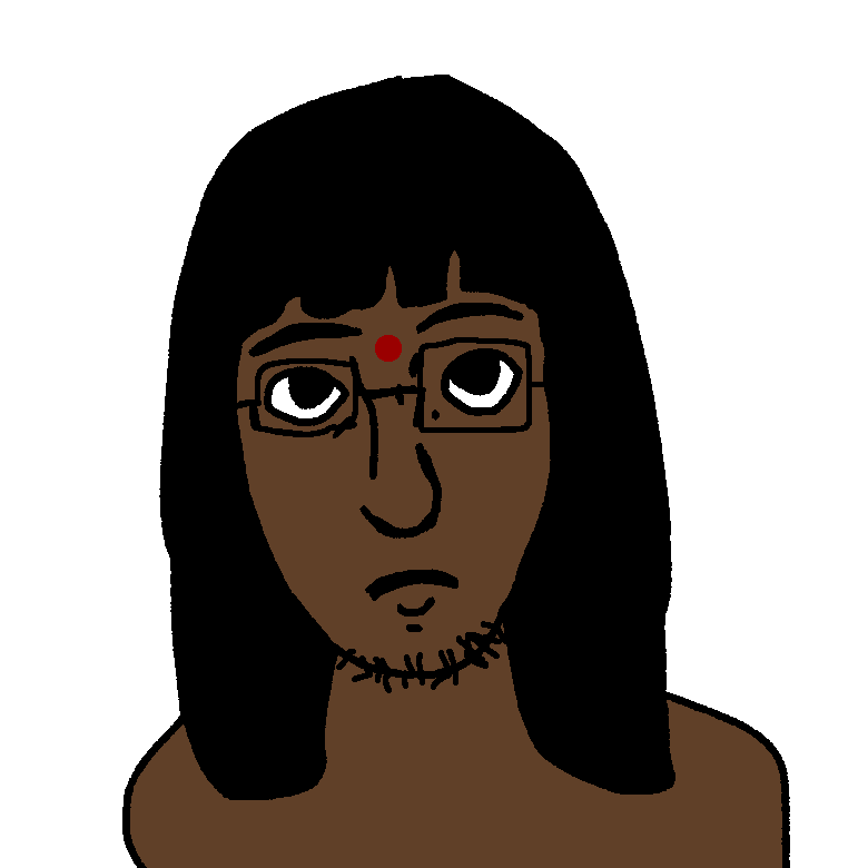 twinkhon, 1soyjak, beard, bindi, black eyes, black hair, brown skin, closed mouth, front view, frown