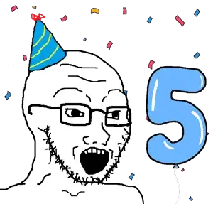 soyak, soybooru fifth anniversary, 1soyjak, bald, balloon, black eyes, blue hat, clothes, colorful, confetti