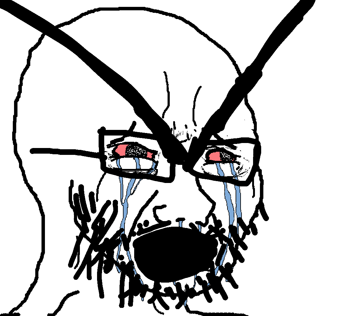 cryboy soyjak, 1soyjak, bald, beard, big eyebrows, bloodshot eyes, crying, glasses, looking to the right, open eyes