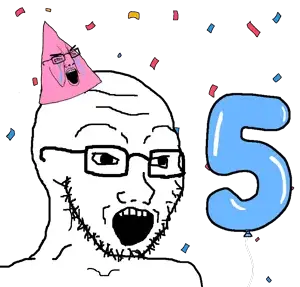 soyak, soybooru fifth anniversary, 1soyjak, bald, balloon, black eyes, blue hat, clothes, colorful, confetti