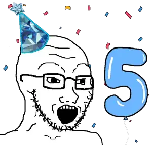 soyak, soybooru fifth anniversary, 1soyjak, bald, balloon, black eyes, blue hat, clothes, colorful, confetti