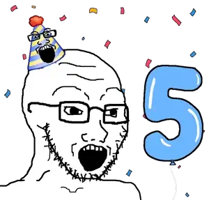 soyak, soybooru fifth anniversary, 1soyjak, bald, balloon, black eyes, blue hat, clothes, colorful, confetti