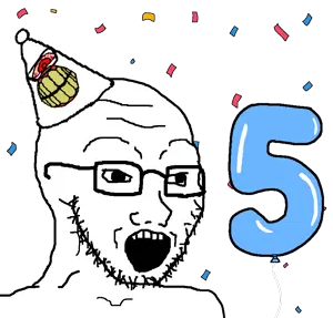 soyak, soybooru fifth anniversary, 1soyjak, bald, balloon, black eyes, blue hat, clothes, colorful, confetti