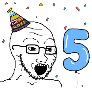 soyak, soybooru fifth anniversary, 1soyjak, bald, balloon, black eyes, blue hat, clothes, colorful, confetti