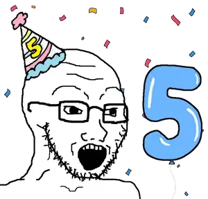 soyak, soybooru fifth anniversary, 1soyjak, bald, balloon, black eyes, blue hat, cleavage, clothes, colorful