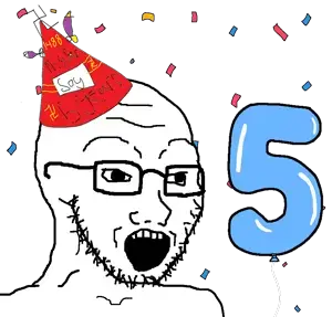 soyak, soybooru fifth anniversary, 1soyjak, bald, balloon, black eyes, blue hat, clothes, colorful, confetti