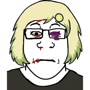 markiplier soyjak, female markiplier, 1soyjak, blonde hair, blood, bruise, closed mouth, front view, glasses, hair