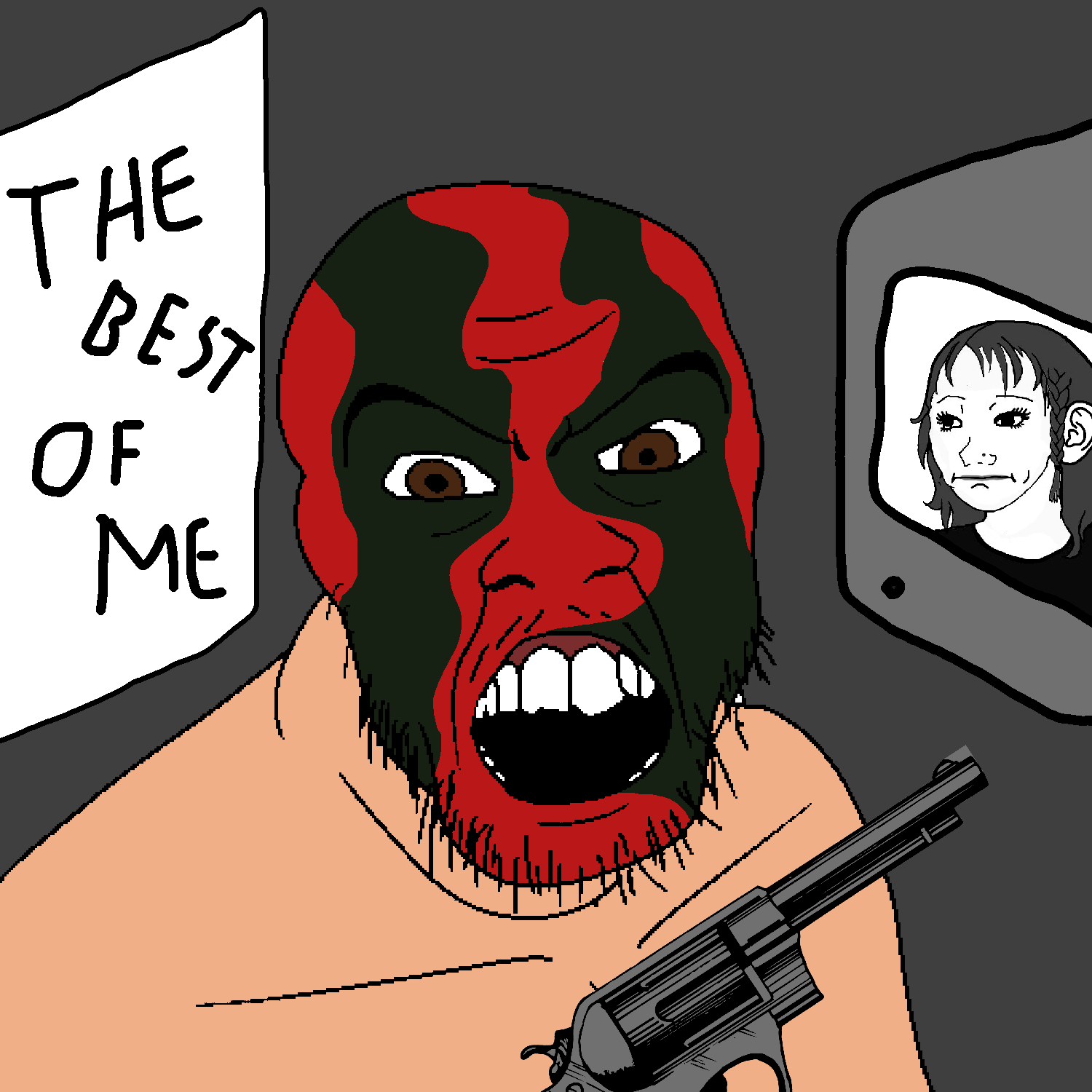 daddy's girl wojak, wojak, feraljak, femjak, angry, bjork, bjork stalker, brown eyes, daddy's girl, drawn background