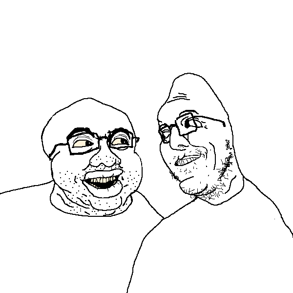 oneygays, unknown, 2soyjaks, balding, fat, front view, half body, half open mouth, looking to the left, looking to the right