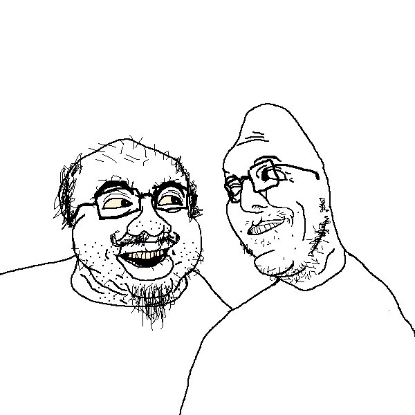 oneygays, unknown, 2soyjaks, balding, black eyes, black hair, front view, hair, half body, half open mouth