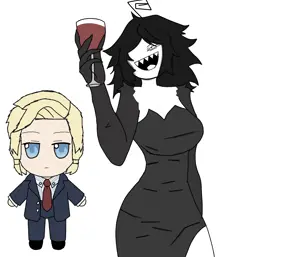 miss thavel, black eyes, blonde hair, blue eyes, closed mouth, front view, full body, gray hair, hair, mike ma