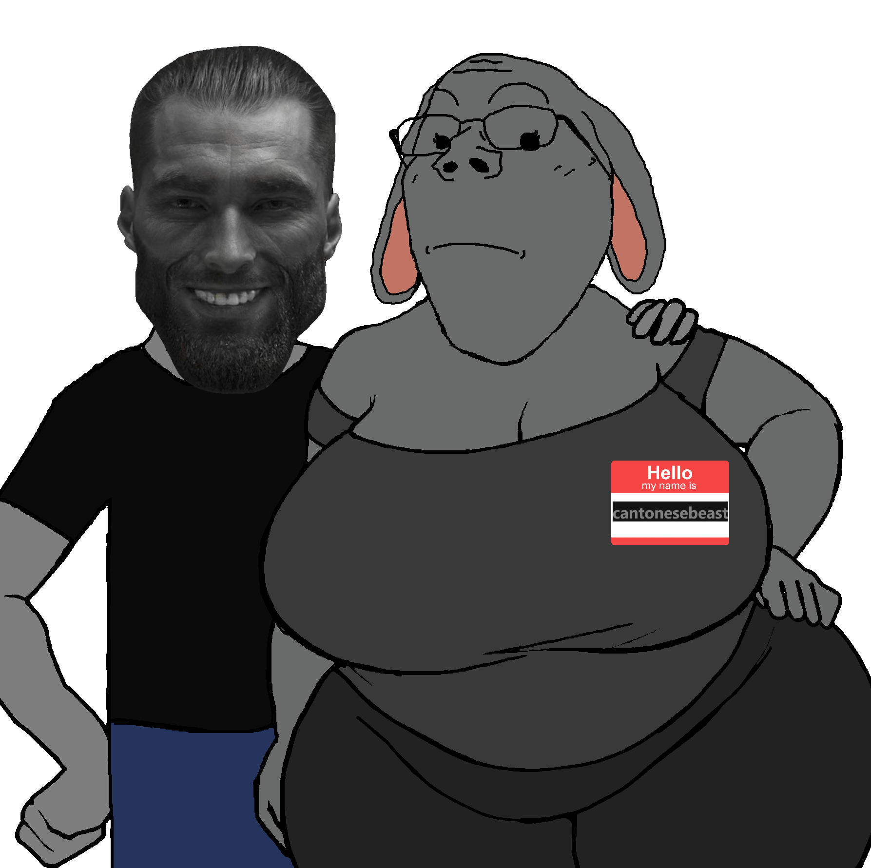 gigachad, gapejak, shrimpish, bbw girlfriend, 2soyjaks, animal, animal ears, bbw, beard, black shirt