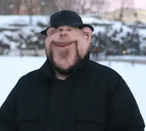 impish soyak ears, 1soyjak, beard, black hair, closed eyes, closed mouth, fat, front view, hair, half body