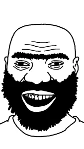 unknown, 1soyjak, bald, beard, big lips, big nose, forehead lines, laughing, lips, no glasses