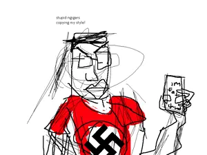chudjak, 1soyjak, angry, black hair, closed mouth, glasses, hair, looking to the right, no beard, phone