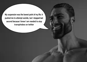 gigachad, beard, ear, eye, gray skin, hair, not a soyjak, teeth, transgender, twitter