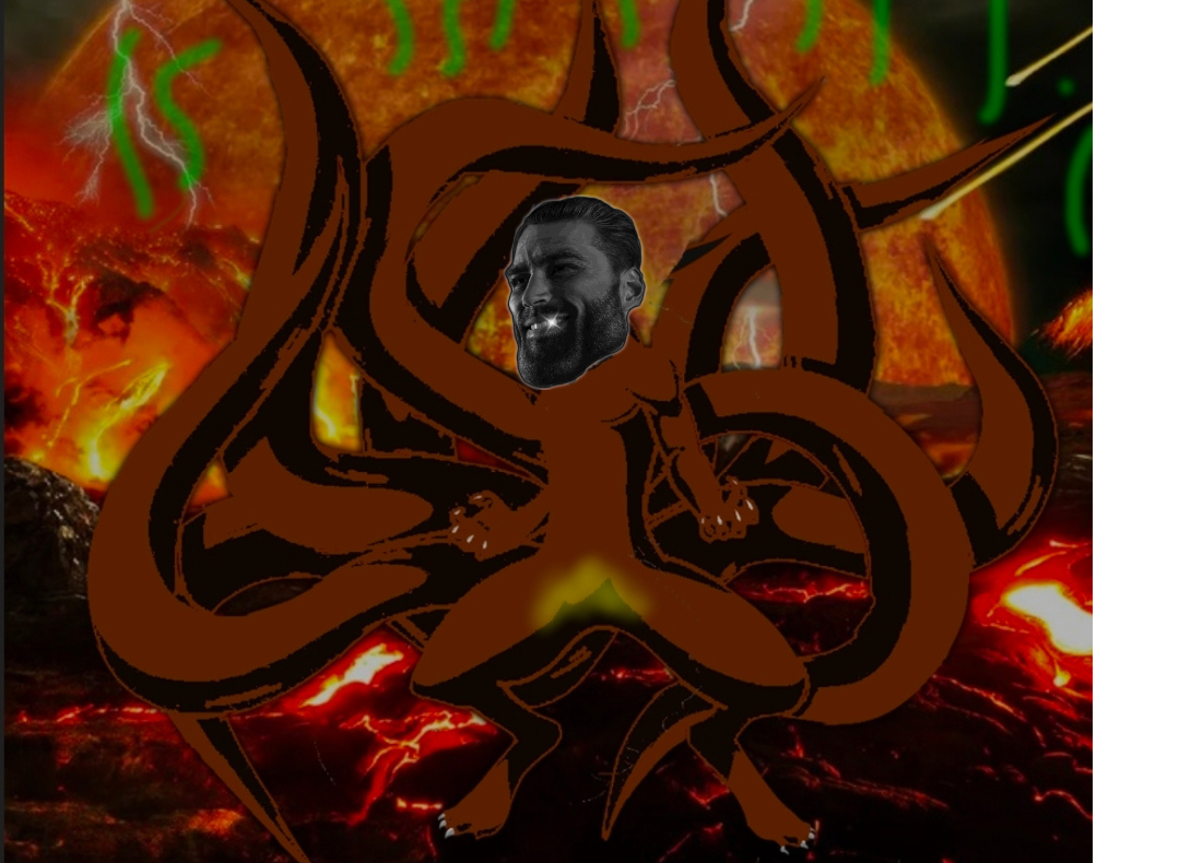 gigachad, markiplier soyjak, troonamutt, slopjak, abomination, black eyes, brown hair, brown skin, claws, eldritch abomination