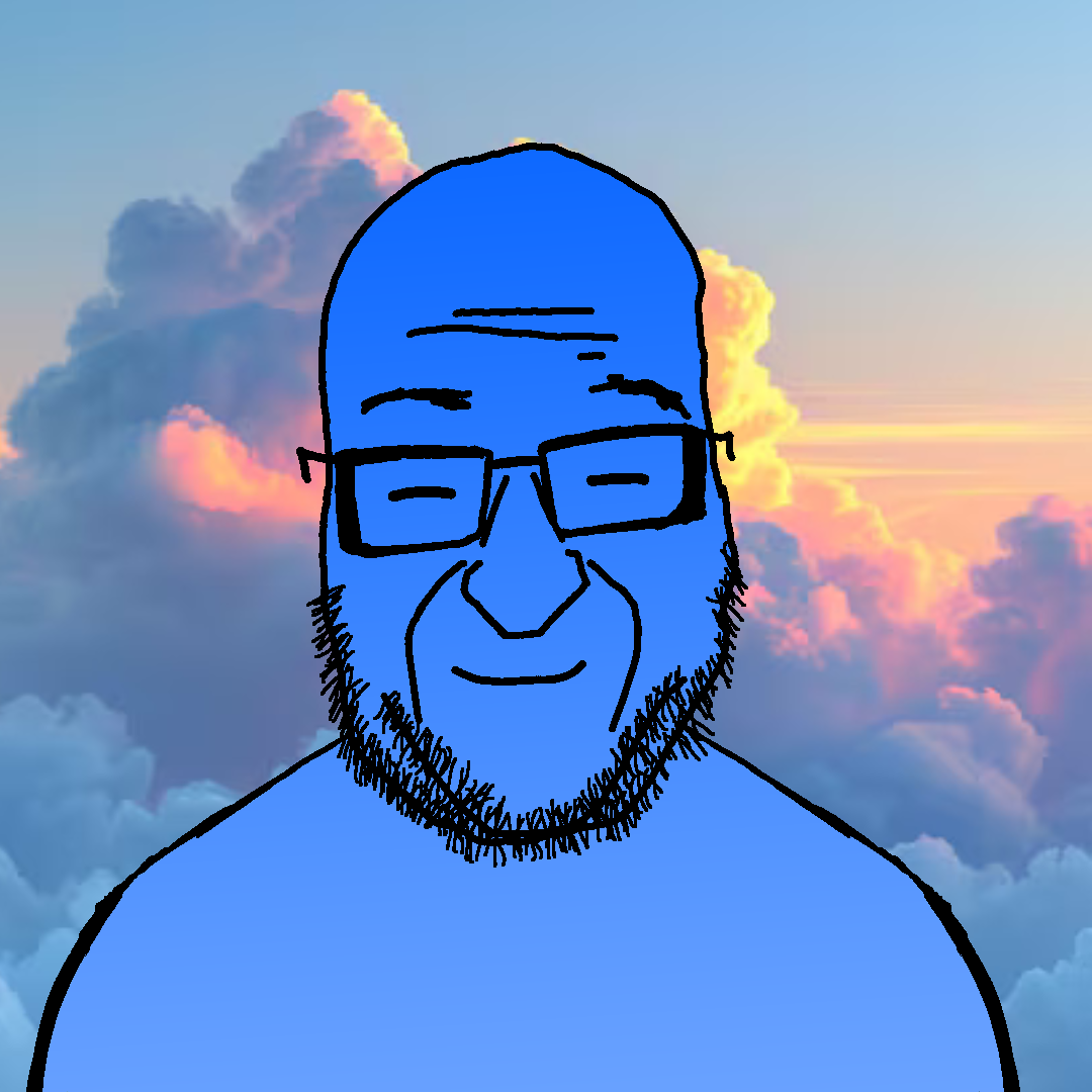ricardo, calm, 1soyjak, bald, blue skin, calm, chin, closed eyes, closed mouth, clouds