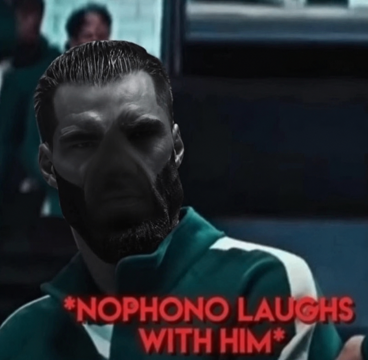 gigachad, nophono, beard, black skin, buff, closed mouth, front view, frown, gray eyes, gray skin