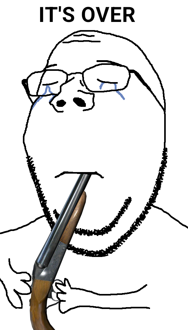 gapejak, wholesome soyjak, its food, its over, 1soyjak, bald, closed eyes, closed mouth, crying, double barrel shotgun