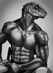 gigachad, animal, bald, black and white, buff, dinosaur, gray background, gray eyes, gray skin, half open mouth