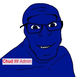 chudjak, feraljak, wholesome feraljak, bald, blue eyes, blue skin, chud, glasses, half open mouth, looking at you