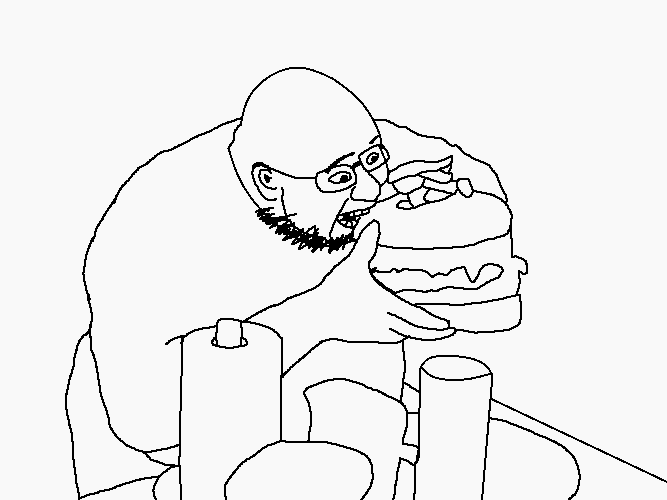 crimsonvoidhydra1488, unknown, 1soyjak, bald, beard, drink, fat, food, glasses, hamburger
