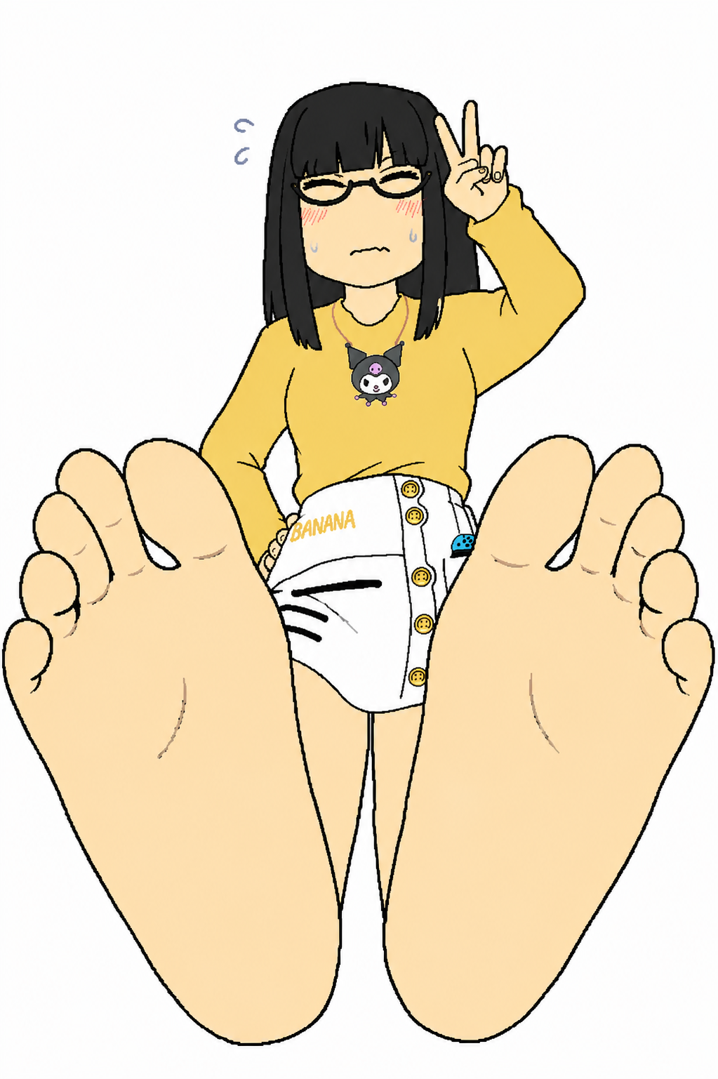 kuromi (sanrio), soychang, soytan, black hair, feet, foot fetish, glasses, hair, long hair, necklace
