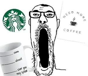 james youniverse, coffee, cup, drink, ear, glasses, hair, open mouth, soyjak, starbucks