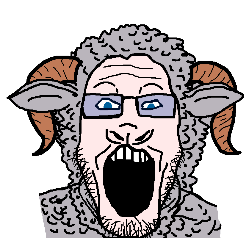 markiplier soyjak, 1soyjak, admin, animal, blue eyes, front view, glasses, goat, gray fur, horns