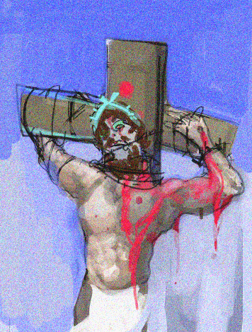 romanian schizo, arm, barbed wire, beard, blue sky, buff, chest, cross, crucifixion, death