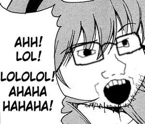 soyak, 1soyjak, anime, black eyes, front view, glasses, gray hair, hair, headband, laughing