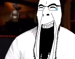 cobson, 1soyjak, animated, closed eyes, fat, gegging, glasses, half body, irl background, laughing