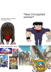 chudjak, chudjak front, muscular chud, it's based and christpilled, 2soyjaks, anime, beard, big lips, black eyes, black hair